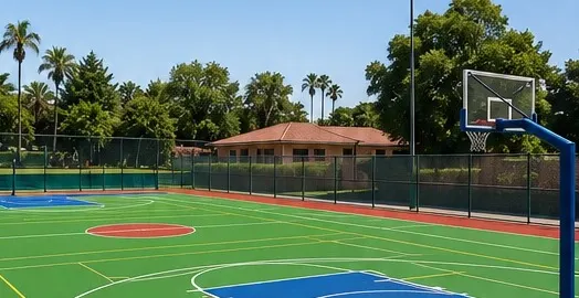 Outdoor multi-sport court with a basketball hoop, trees and a building behind