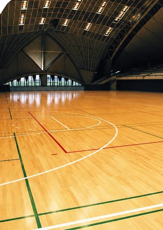Indoor sports arena with a wooden court floor