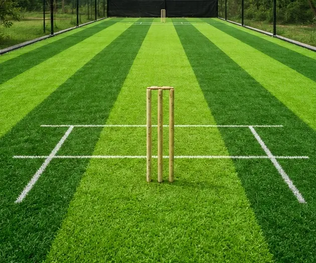 Cricket practice net with a synthetic turf pitch and stumps